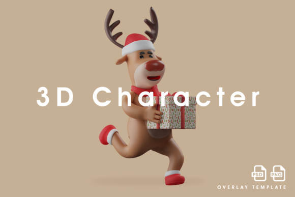 3D Christmas Deer Cartoon Holding a Gift: A Festive Design Asset for Modern Creatives